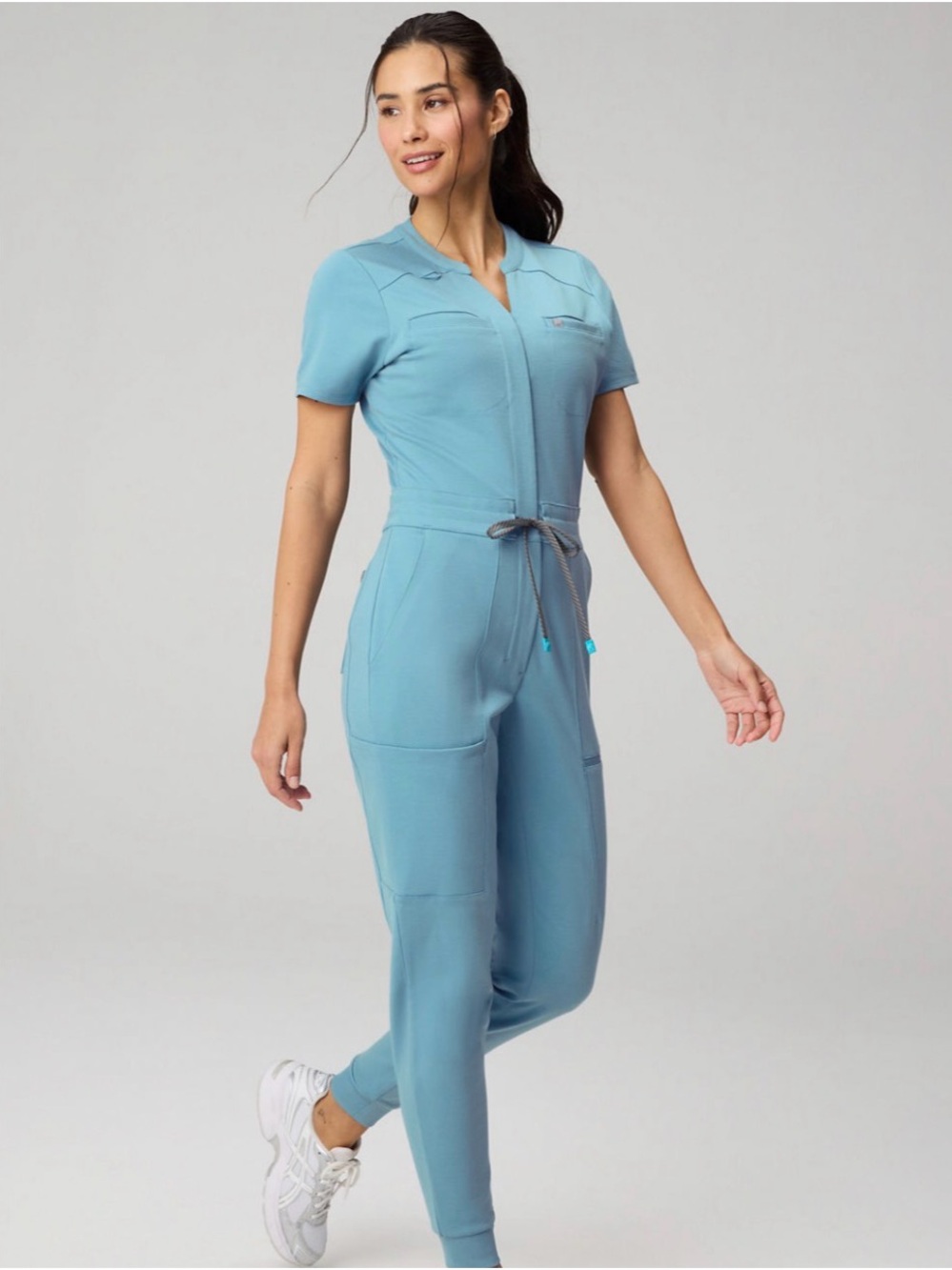 Fabletics Light Blue Short-Sleeve Zip Jumpsuit